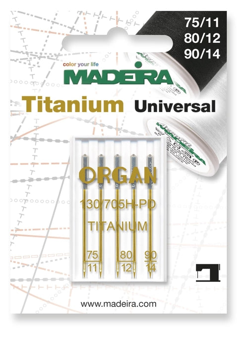 Madeira Titanium Universal Needles 9459T assorted five-pack in sizes 75/11, 80/12 and 90/14