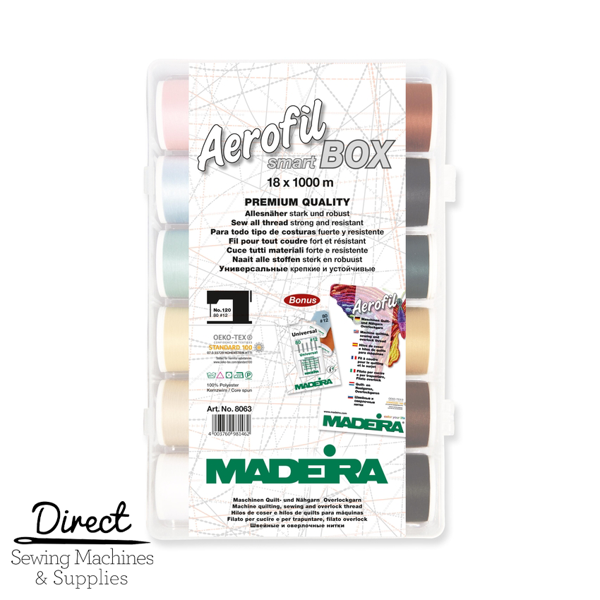 Madeira Aerofil No. 120 Smartbox with eighteen 1000m thread spools, colour card and universal needles