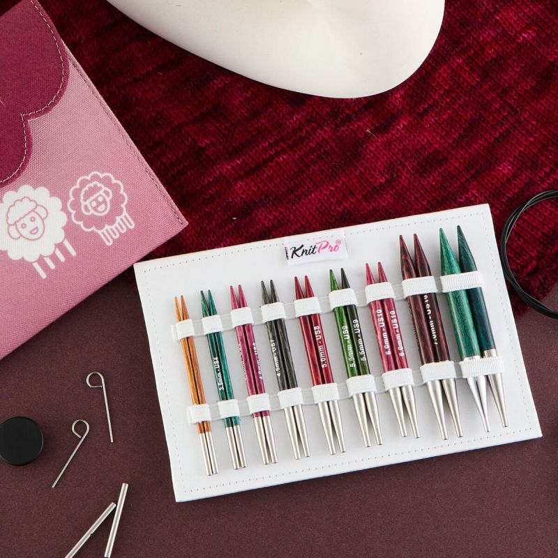KnitPro Dreamz Deluxe short interchangeable needle tips, end caps and cable keys beside the Bordeaux case