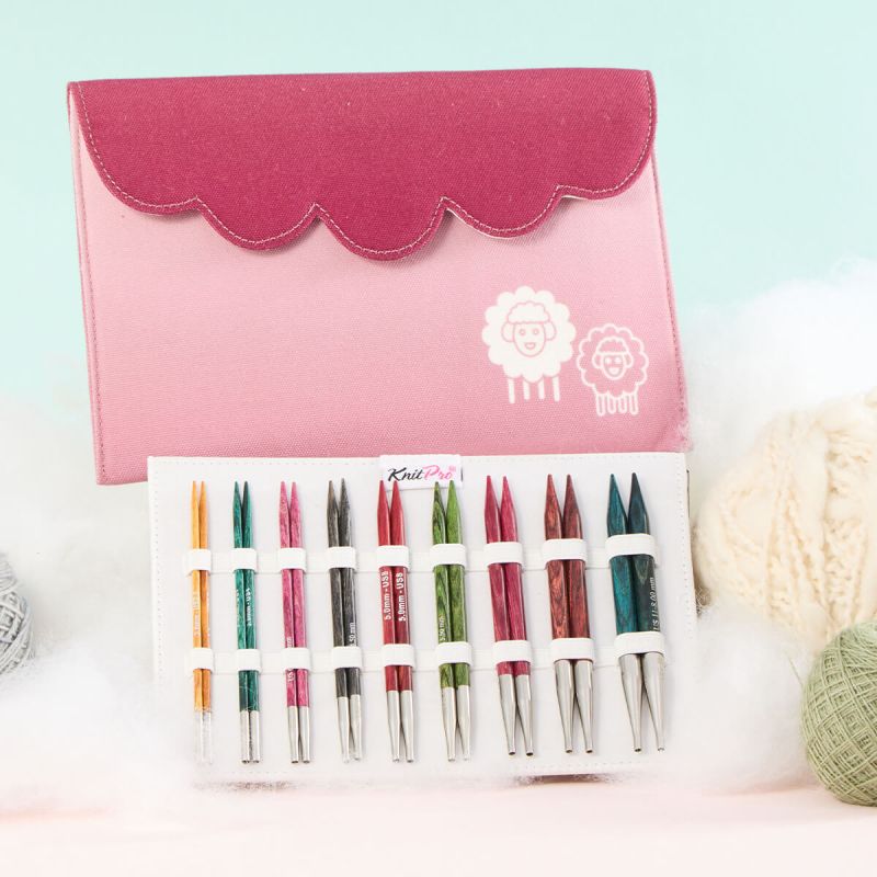 KnitPro Dreamz Deluxe interchangeable birchwood needle tips displayed with their Bordeaux case and yarn