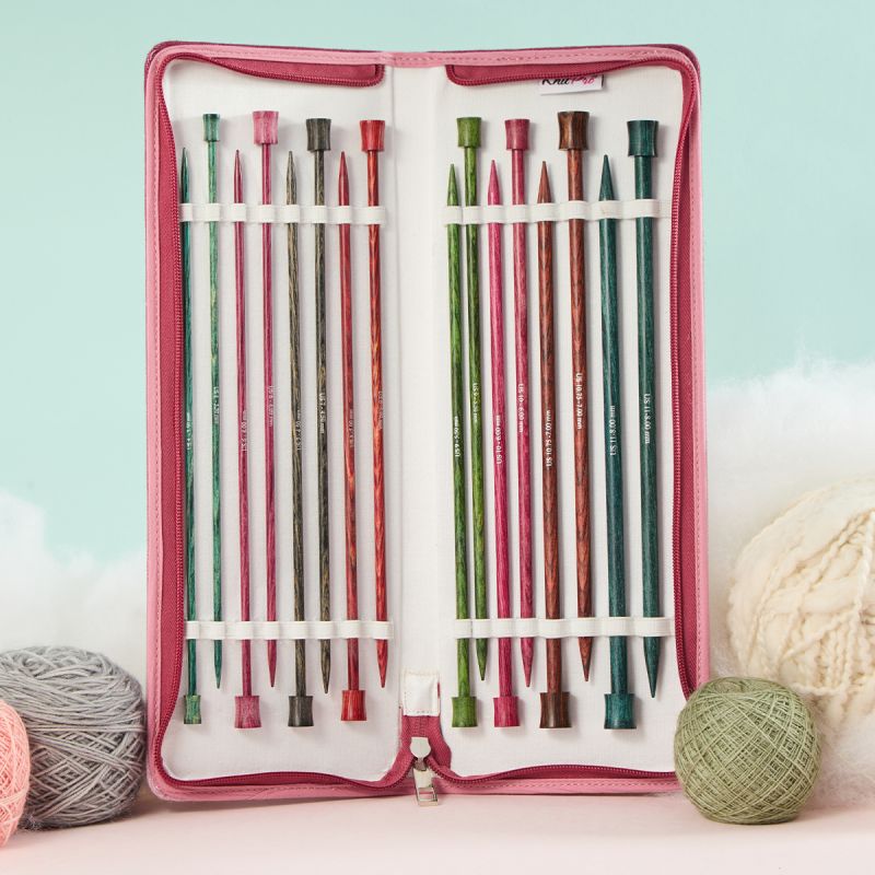 KnitPro Dreamz Deluxe 25cm single pointed knitting needles displayed in an open Bordeaux case with yarn