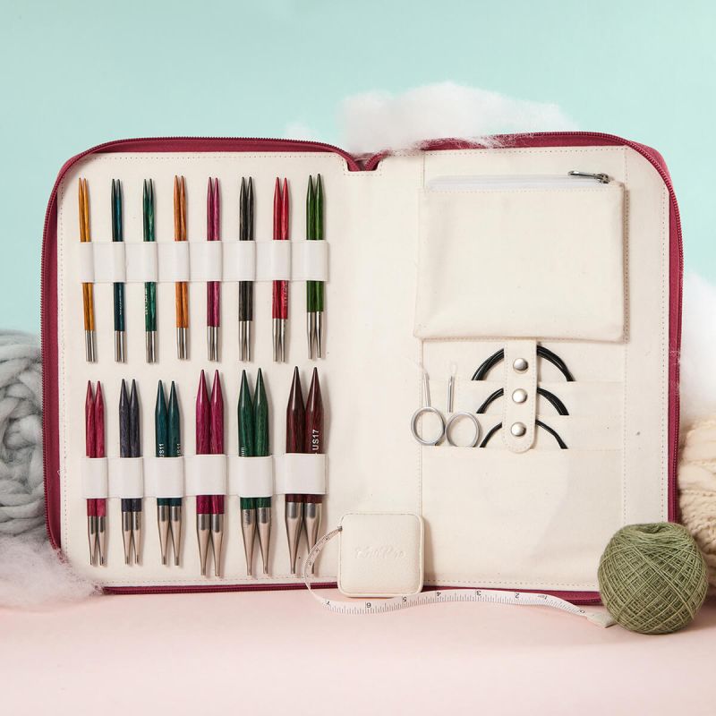 Open KnitPro Dreamz Grande case displaying interchangeable tips, cables, scissors and measuring tools