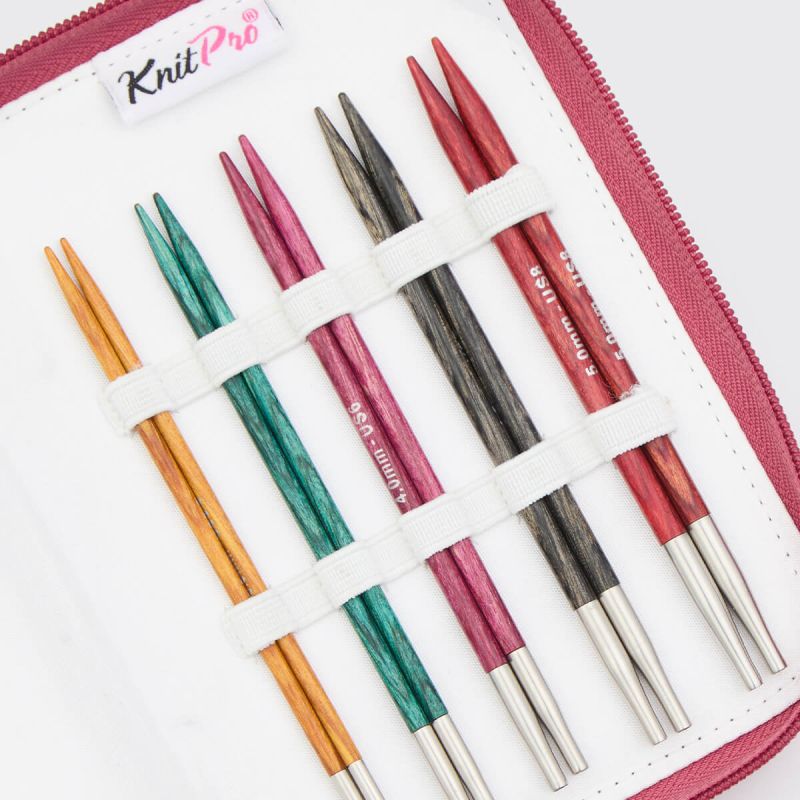 Five colour-coded KnitPro Dreamz birchwood interchangeable needle tip pairs in their case