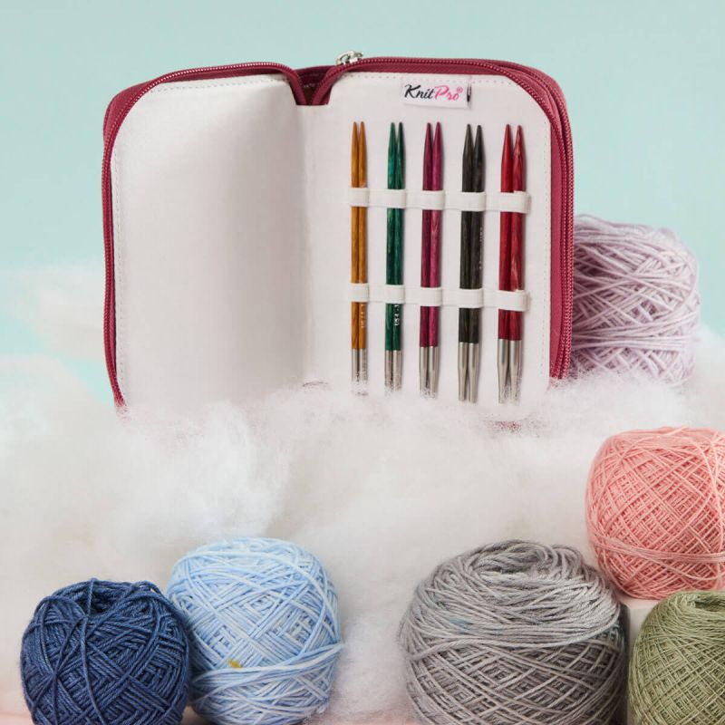 Open Bordeaux KnitPro Dreamz Starter case displaying five 13cm needle tip pairs