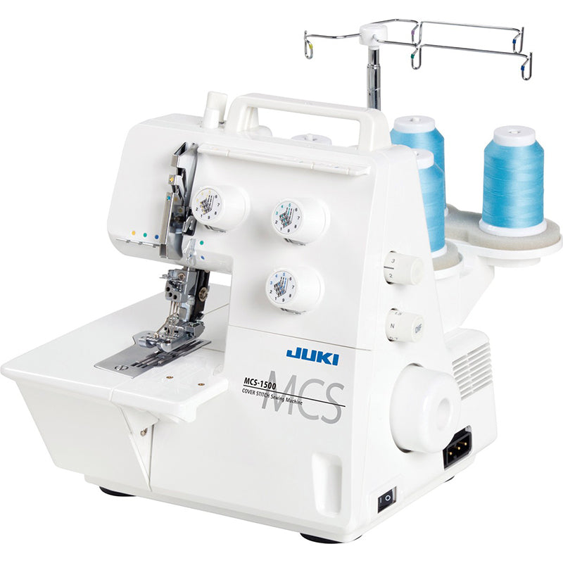 Juki MCS-1500 coverstitch machine with thread stand and blue thread cones