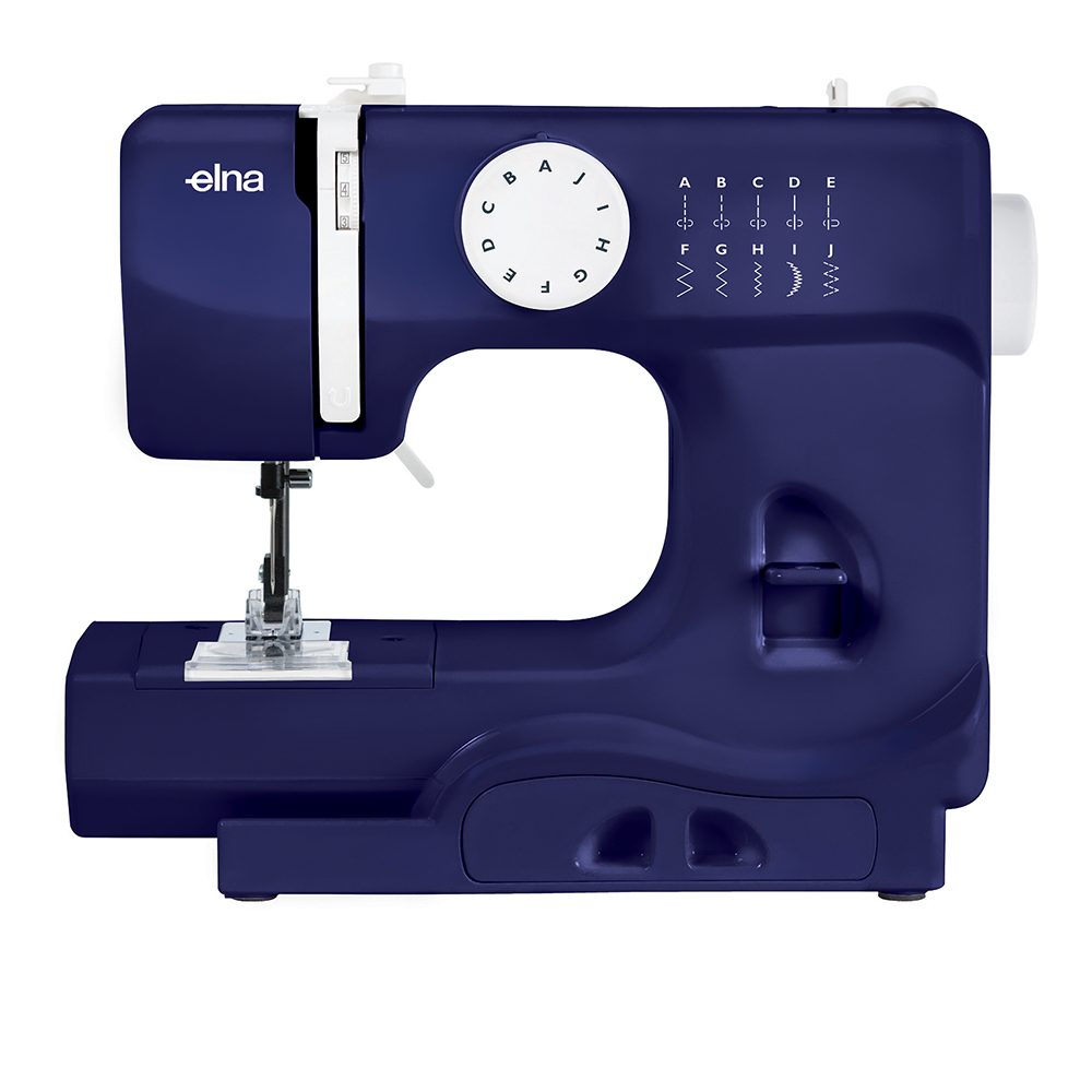 Elna 525 Mini sewing machine in navy blue, front view
