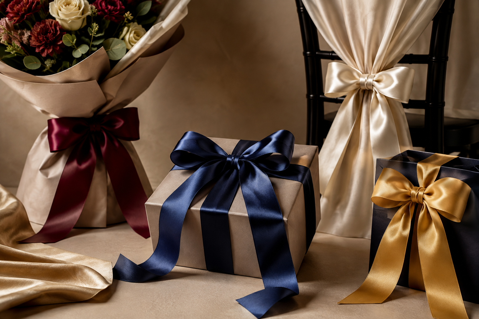 25mm satin ribbon used for luxury bows, wedding decor and gift packaging