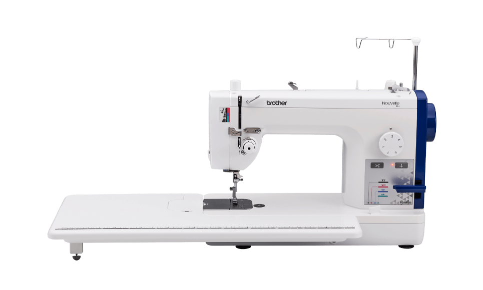 Brother PQ1600S straight-stitch sewing machine with extension table and thread stand
