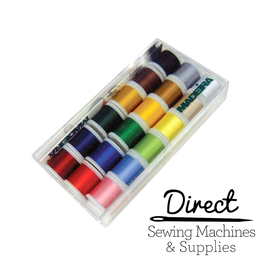 Madeira Rayon 40 clear box with eighteen colourful 200 metre embroidery thread spools