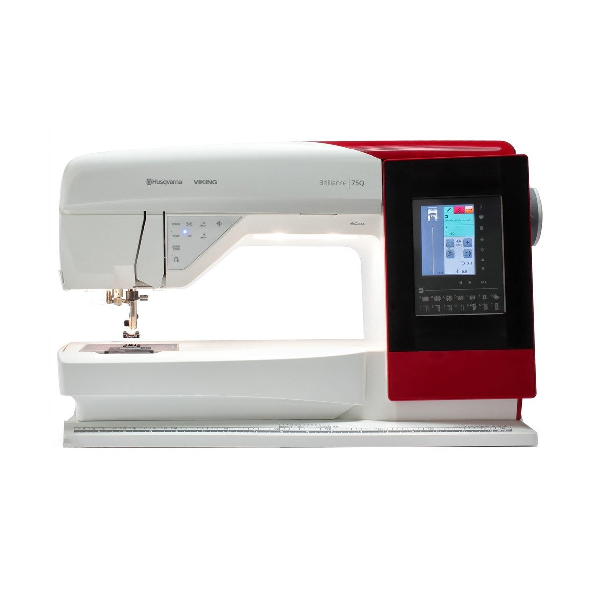 Husqvarna Viking Brilliance 75Q sewing machine, front view with touchscreen