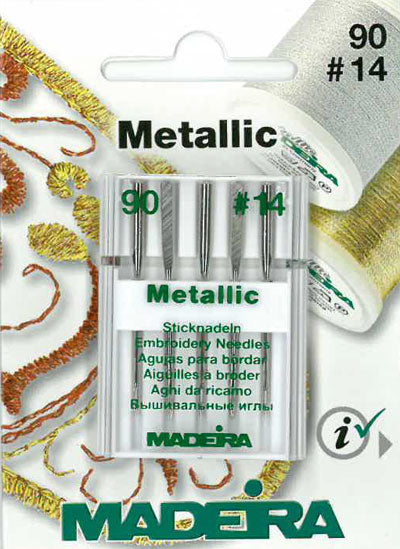 Madeira 9451 Metallic Embroidery Needles pack containing five size 90/14 needles