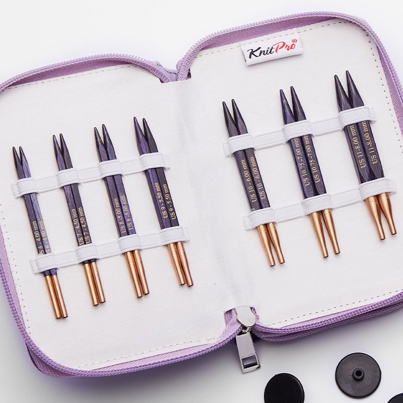 KnitPro J’adore Cubics lavender 10cm interchangeable tips arranged with compact swivel cables