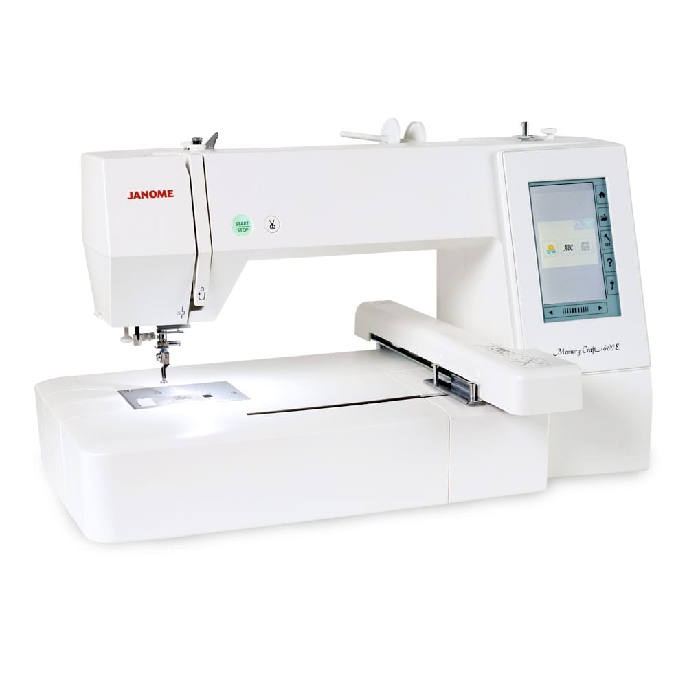 Janome Memory Craft 400E embroidery machine, angled front view