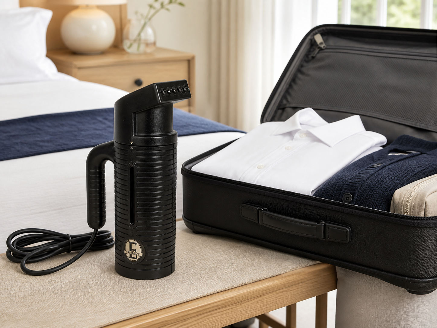 Jiffy ESTEAM travel steamer beside an open carry-on suitcase