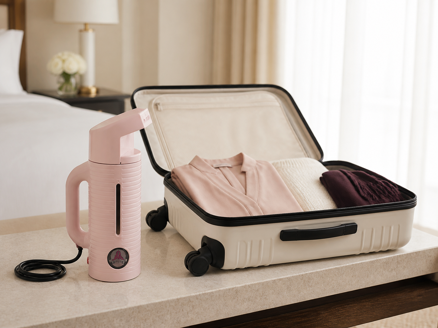 Pink Jiffy ESTEAM travel steamer beside an open carry-on suitcase