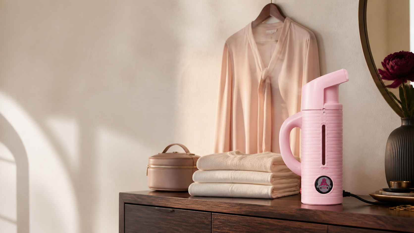 Pink Jiffy ESTEAM handheld garment steamer in a boutique hotel dressing area
