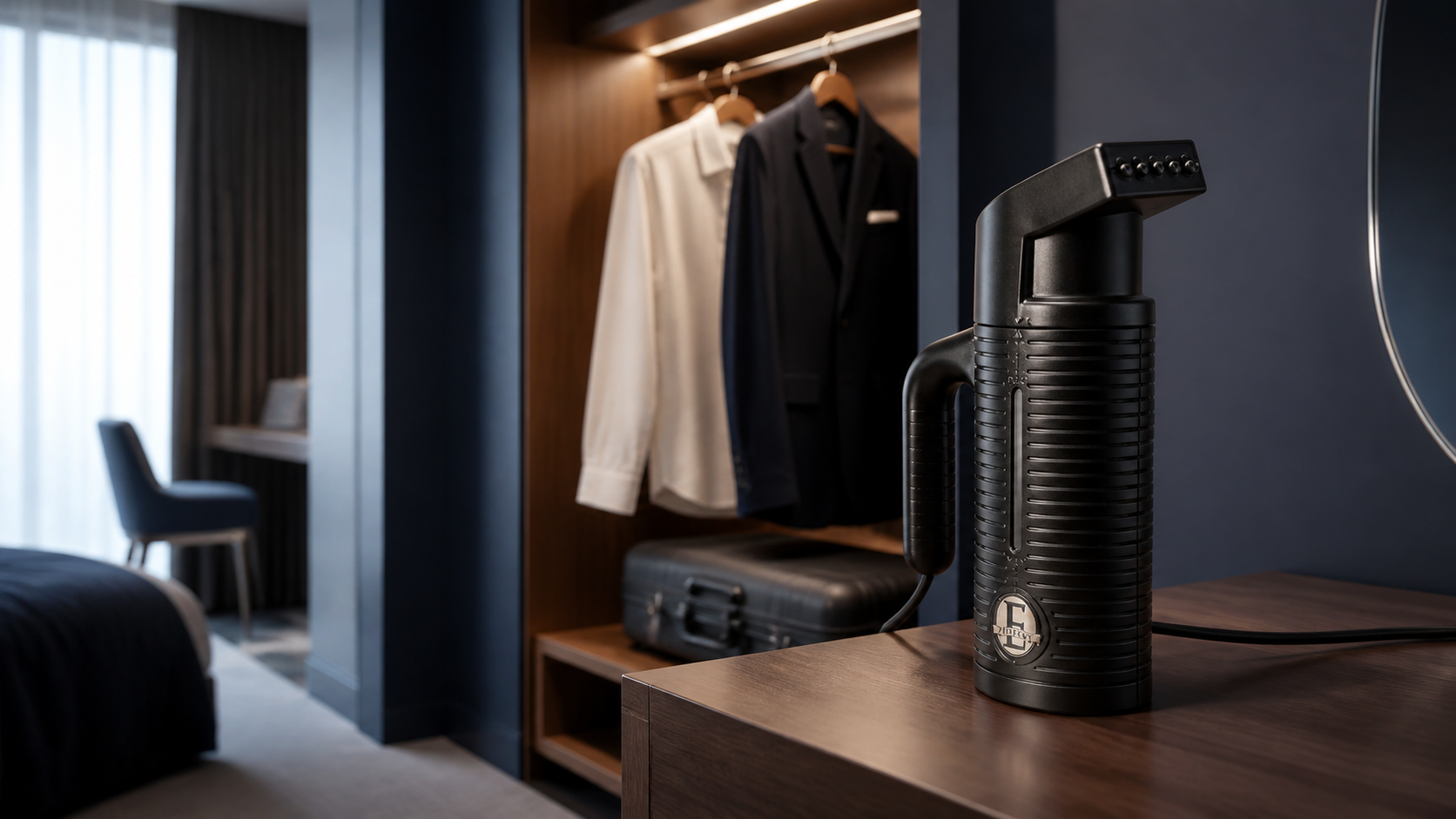 Jiffy ESTEAM handheld garment steamer in a premium hotel dressing area