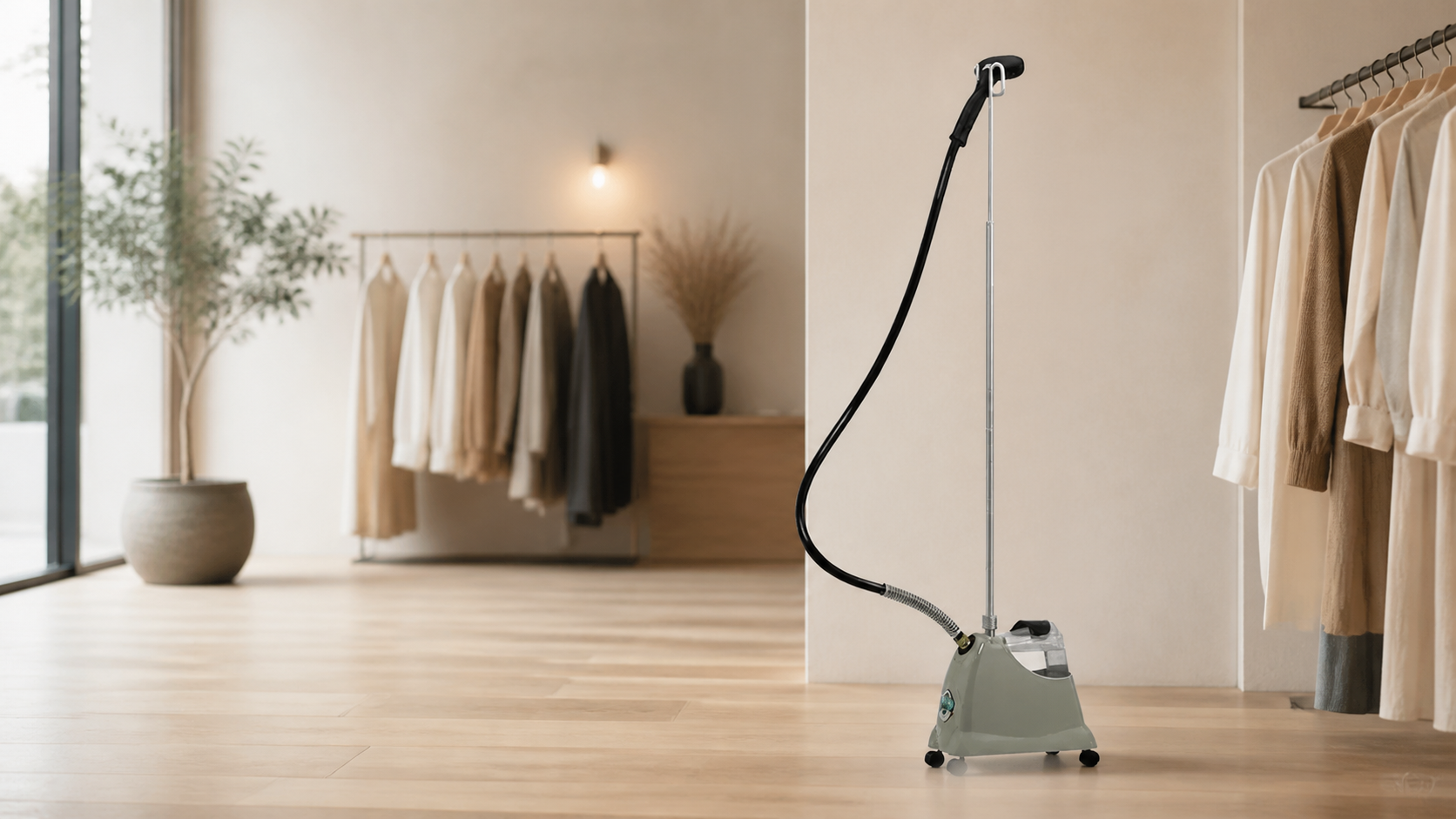 Jiffy J-2000 garment steamer in a modern clothing boutique