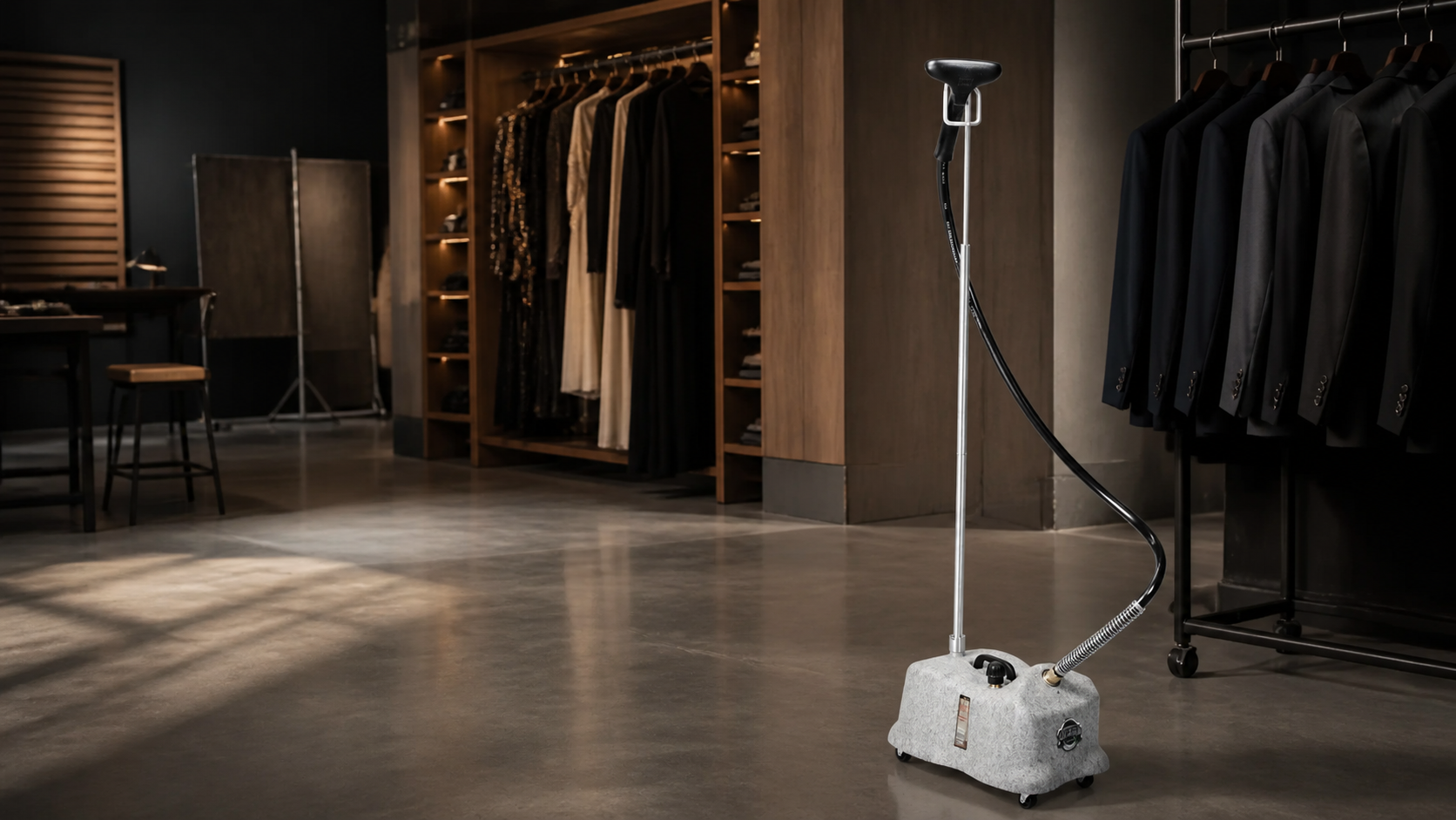 Jiffy J-4000 Pro-Line commercial garment steamer in a professional wardrobe studio