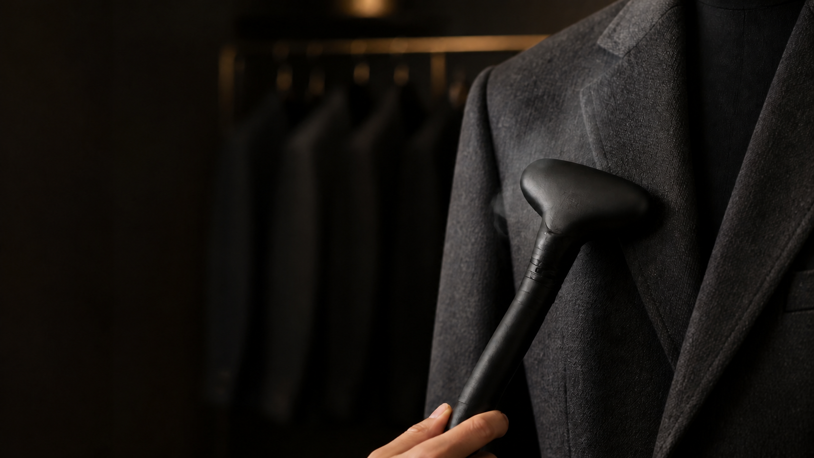 Jiffy garment-steamer head finishing a tailored charcoal jacket