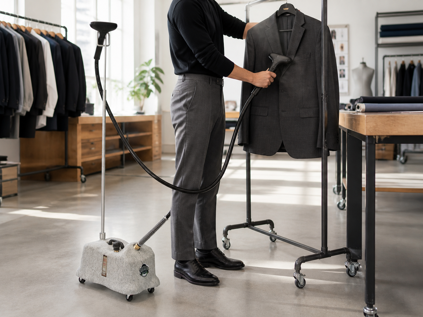 Wardrobe technician using a Jiffy J-4000 commercial steamer on a suit jacket