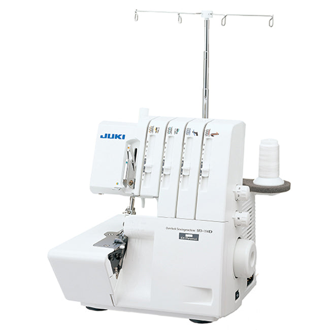 Juki MO-114 domestic overlocker with thread stand, angled view