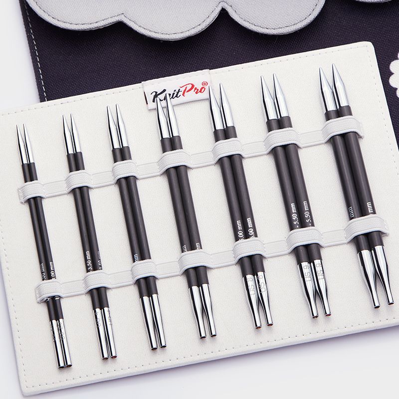 Seven pairs of KnitPro Karbonz carbon fibre interchangeable tips with pointed brass ends
