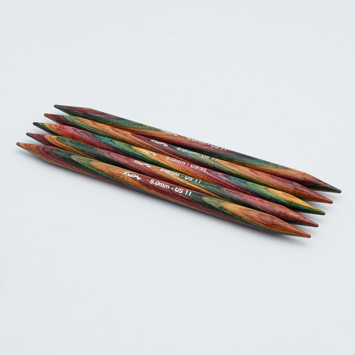 Five KnitPro Symfonie 2 rainbow laminated birchwood double pointed knitting needles