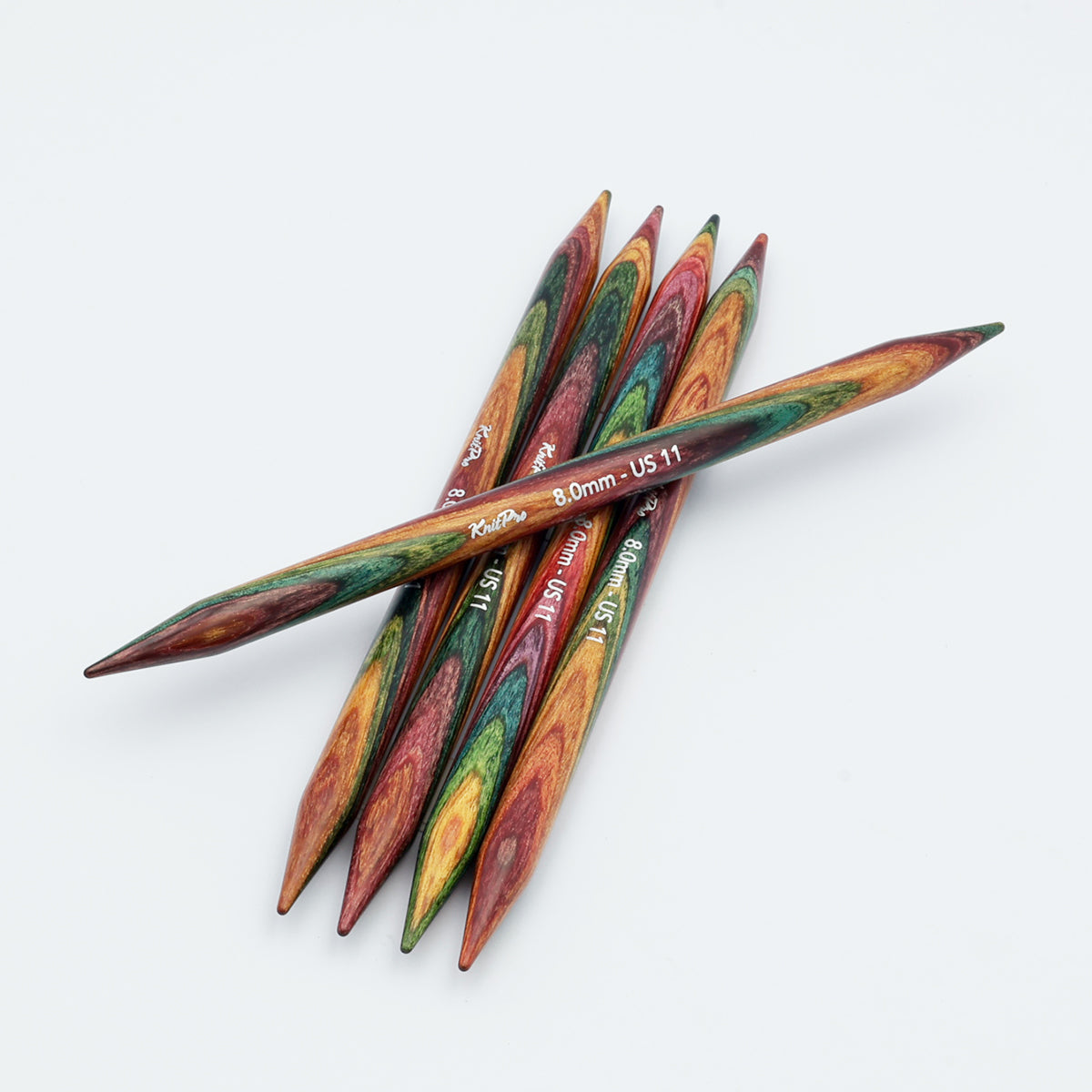 KnitPro Symfonie 2 double pointed needles showing tapered tips and printed size markings