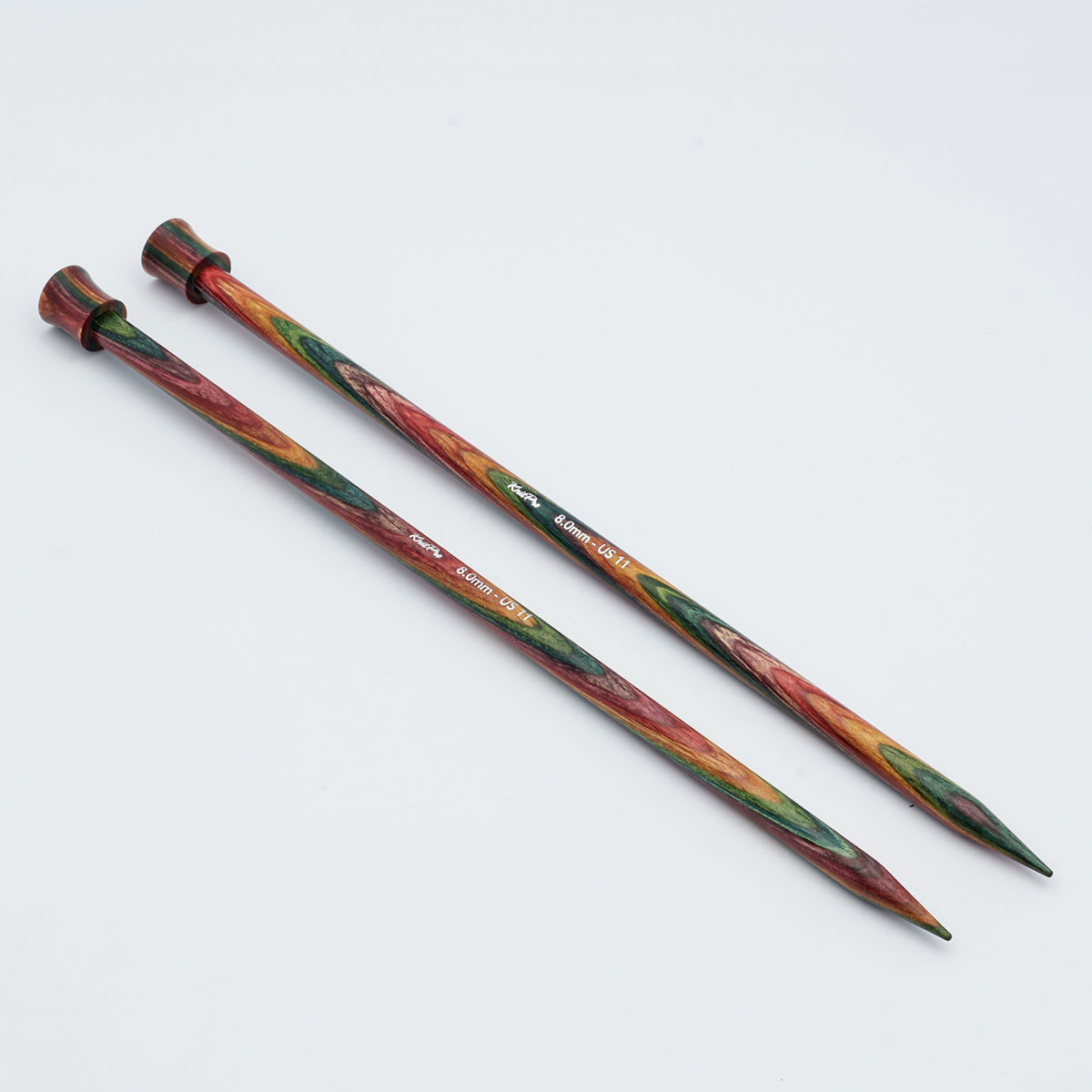 Pair of KnitPro Symfonie 2 rainbow laminated birchwood single pointed knitting needles