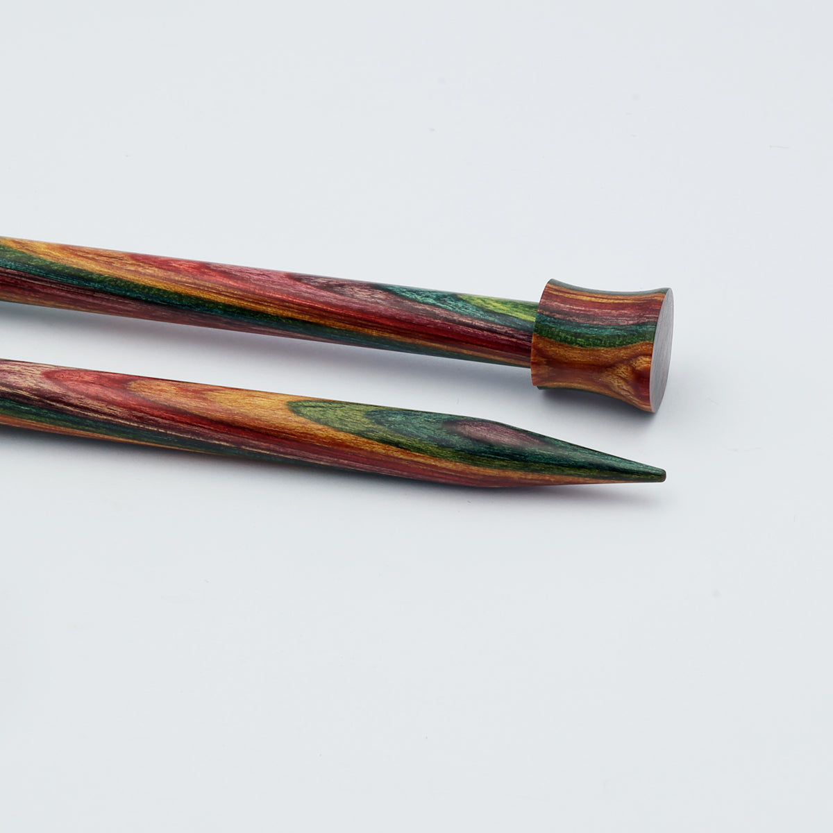 Close view of KnitPro Symfonie 2 polished rainbow laminated birchwood needles