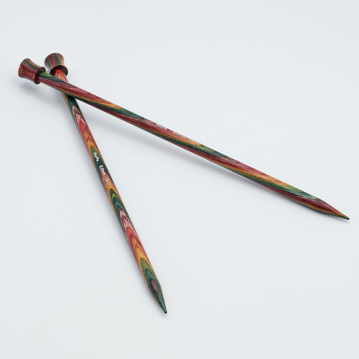 KnitPro Symfonie 2 single pointed needles showing tapered tips and end stops