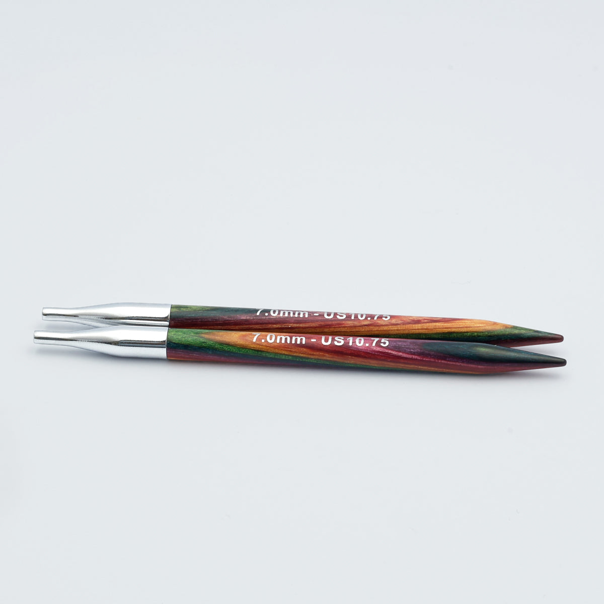 Pair of KnitPro Symfonie 2 13cm interchangeable rainbow birchwood needle tips