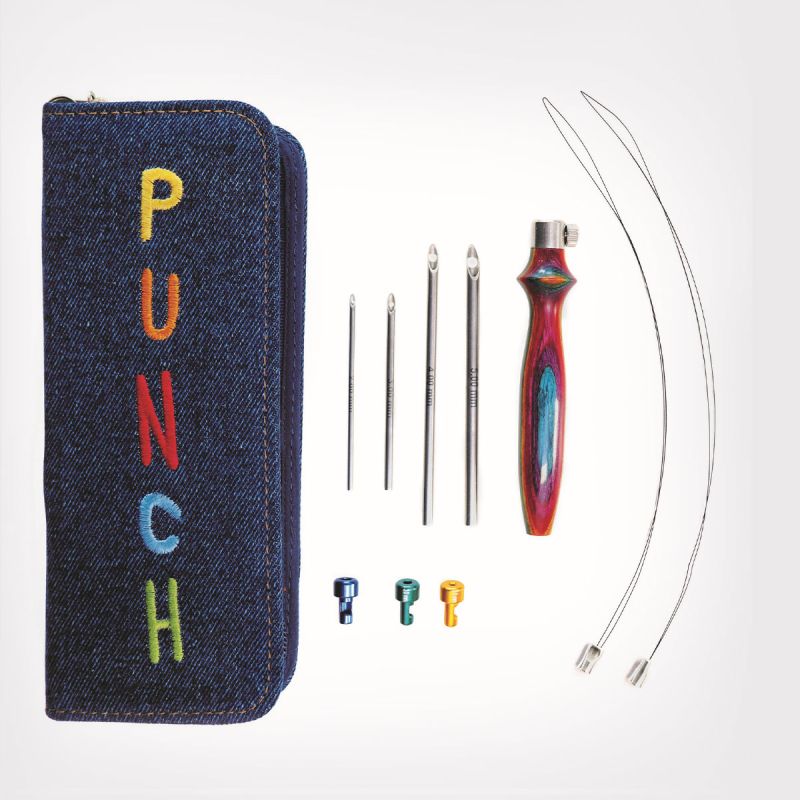 Complete KnitPro Vibrant Punch Needle Set with denim case, rainbow wooden handle, four needles, three attachments and two threaders
