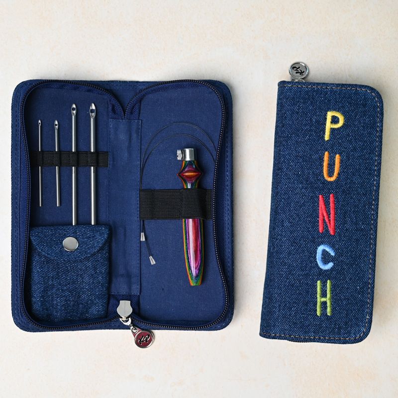 Open and closed KnitPro Vibrant denim punch needle cases showing organised needles, threaders and wooden handle
