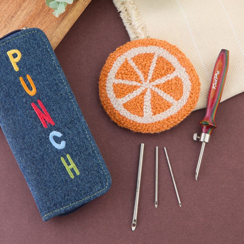 KnitPro Vibrant punch needle set with rainbow wooden handle, four needles, denim case and citrus punch needle motif