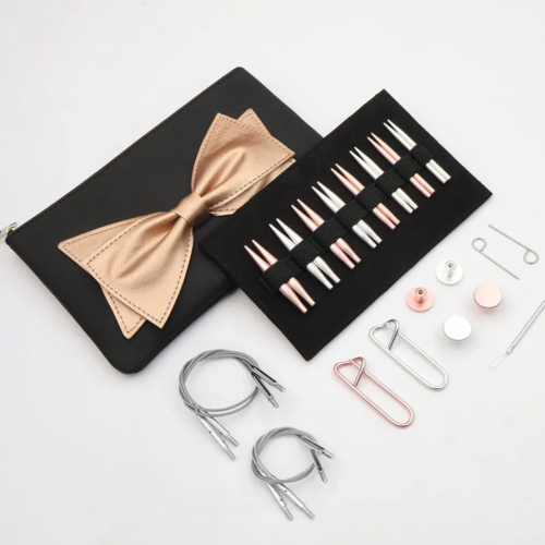 Complete KnitPro Mini Bouquet gift set with eight 5cm aluminium tip pairs, four cables, accessories and black rose-gold bow pouch
