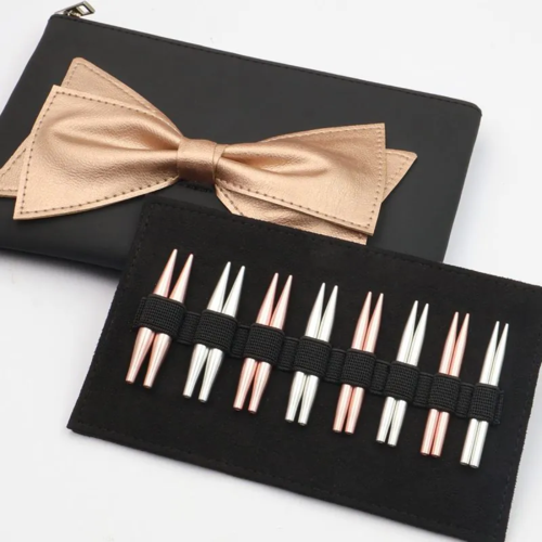 Eight pairs of 5cm KnitPro Mini Bouquet aluminium interchangeable tips in black storage panel