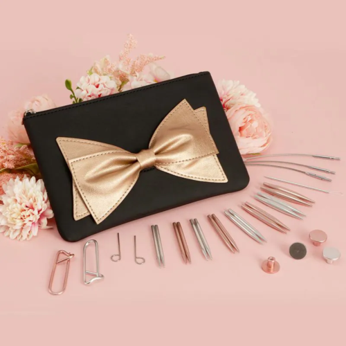 KnitPro Mini Bouquet rose-gold and silver aluminium tips with cables, stitch holders, end caps and black bow pouch