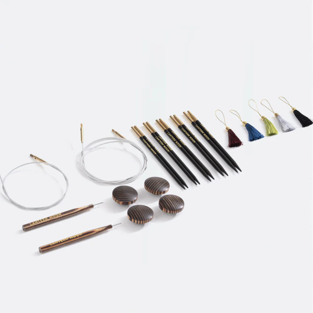 Lantern Moon Legacy five ebony tip pairs, two swivel cables, four end caps, two tightening tools and five tassel stitch markers