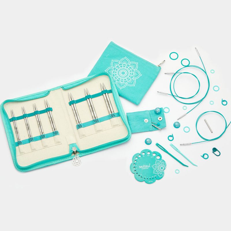 Open KnitPro Mindful Believe case showing seven pairs of 13cm interchangeable needle tips