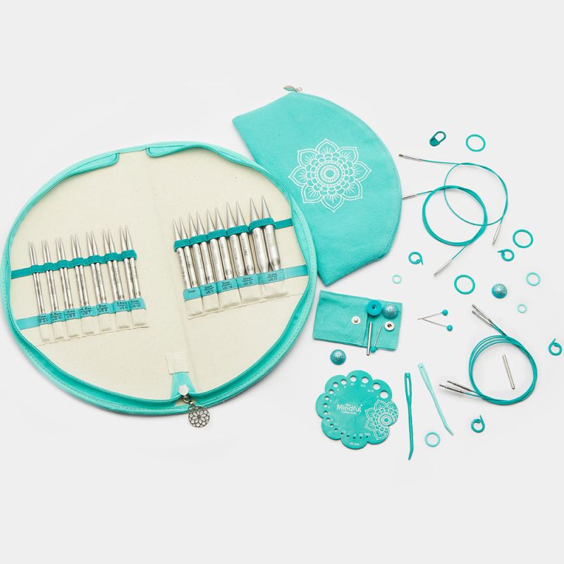 Open KnitPro Mindful Gratitude case showing twelve pairs of 13cm interchangeable needle tips