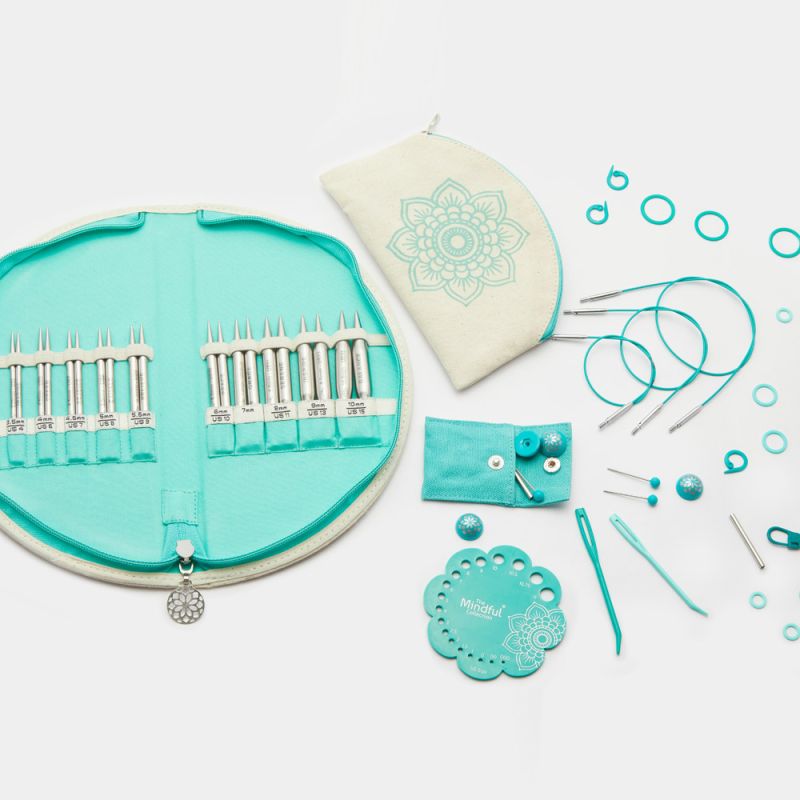 Open KnitPro Mindful Warmth case showing eleven pairs of 10cm interchangeable needle tips