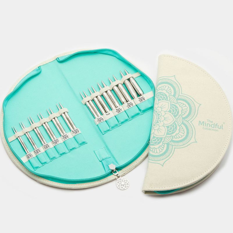 KnitPro Mindful Warmth interchangeable knitting needle accessories and teal storage case