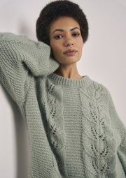 Mode at Rowan Denes Knitting Pattern – Softest Alpaca Lace Panel Sweater, sweater shoulder and sleeve detail