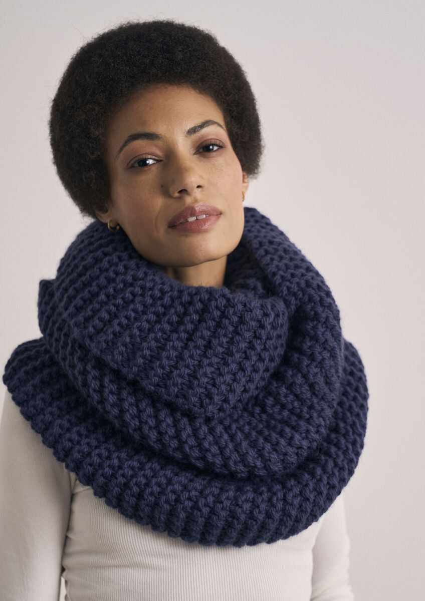 Mode at Rowan Lowestoft & Thorpeness Knitting Pattern – Chunky Wool Snood & Cabled Hat, finished design example