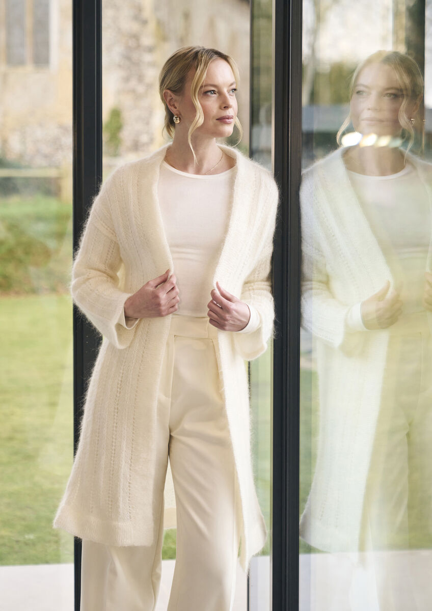 Mode at Rowan Ovington Knitting Pattern – Alpaca Haze Lace Cardigan, finished design example