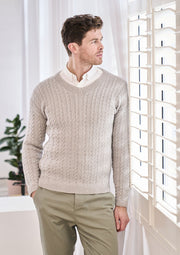 Mode at Rowan Pentney Knitting Pattern – Alpaca Wool Cable Sweater (Mens), finished design example