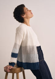 Mode at Rowan Tottenhill Knitting Pattern – Alpaca Haze Colour Block Cardigan, finished design example