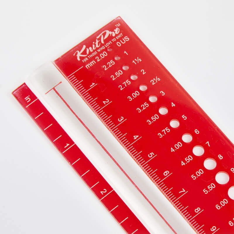 KnitPro Needle View Sizer with metric and US knitting needle holes, ruler and magnifying strip
